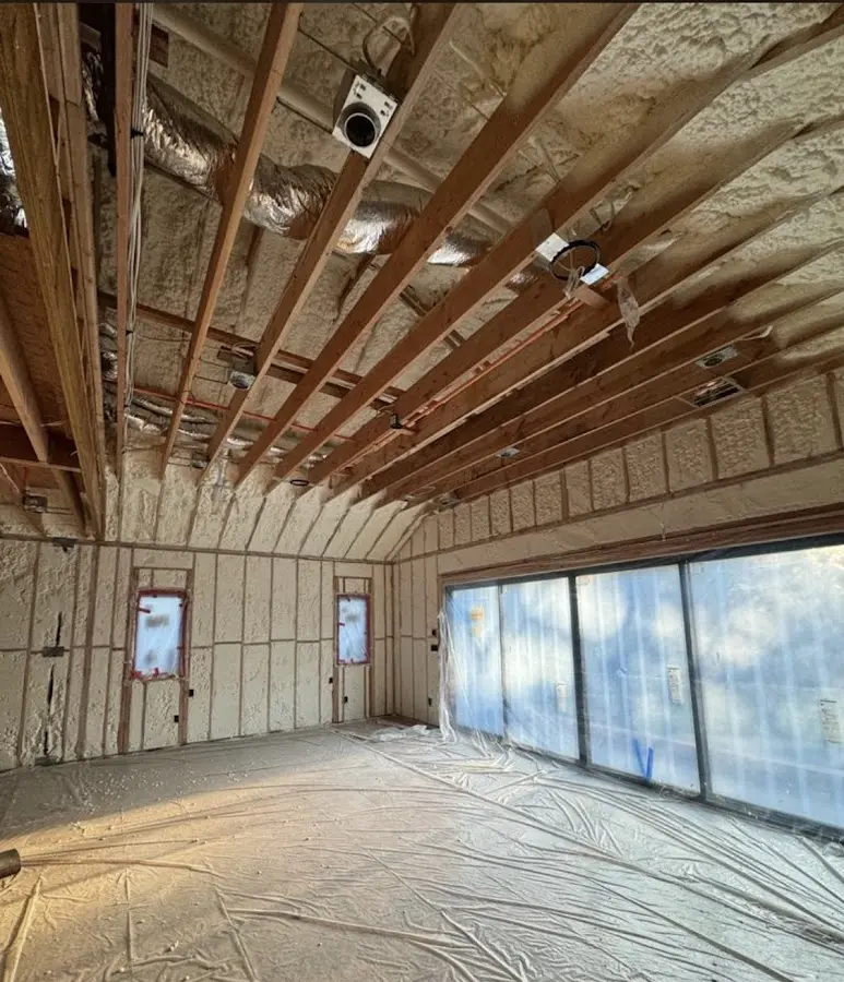Interior walls and ceiling insulated with spray foam during new construction in Twinsburg
